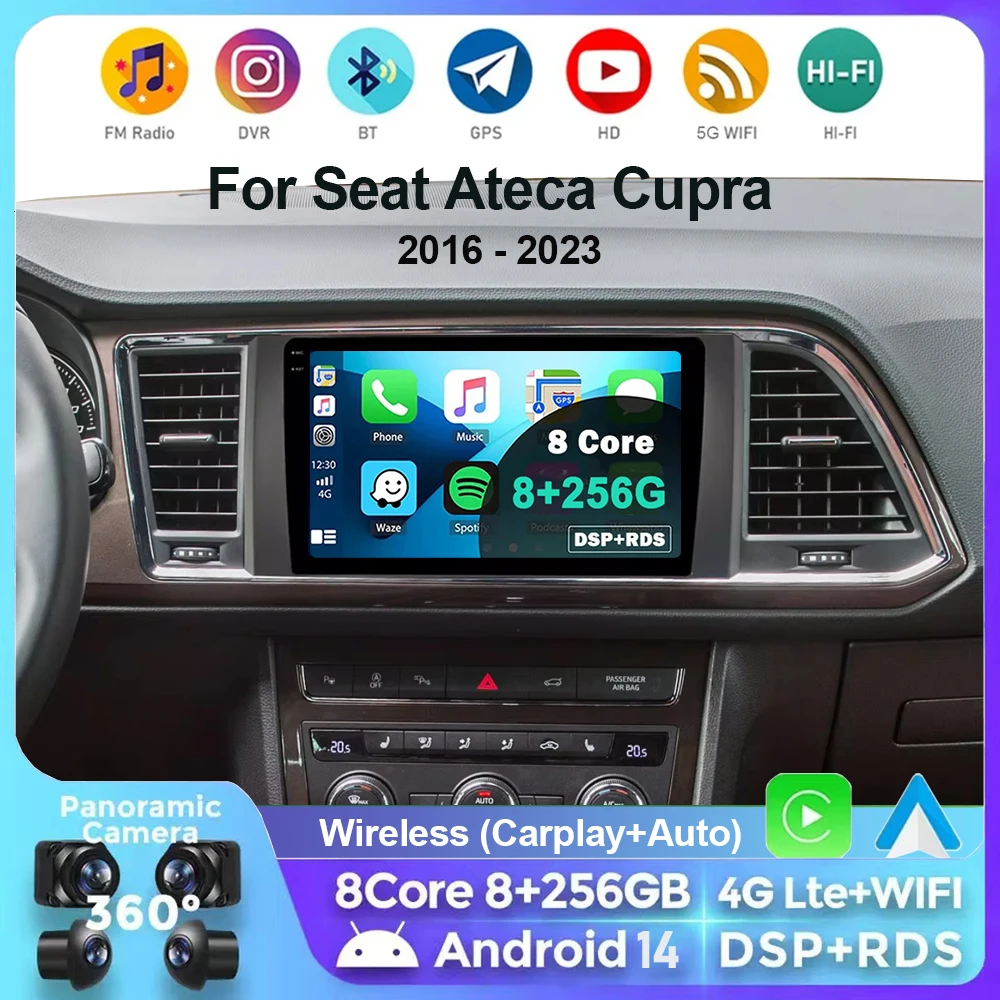 

Android 14 For Seat Ateca Cupra 2016 - 2023 Car Radio Navigation Multimedia Player Stereo WiFi+4G Video Head Unit BT 360 Camera