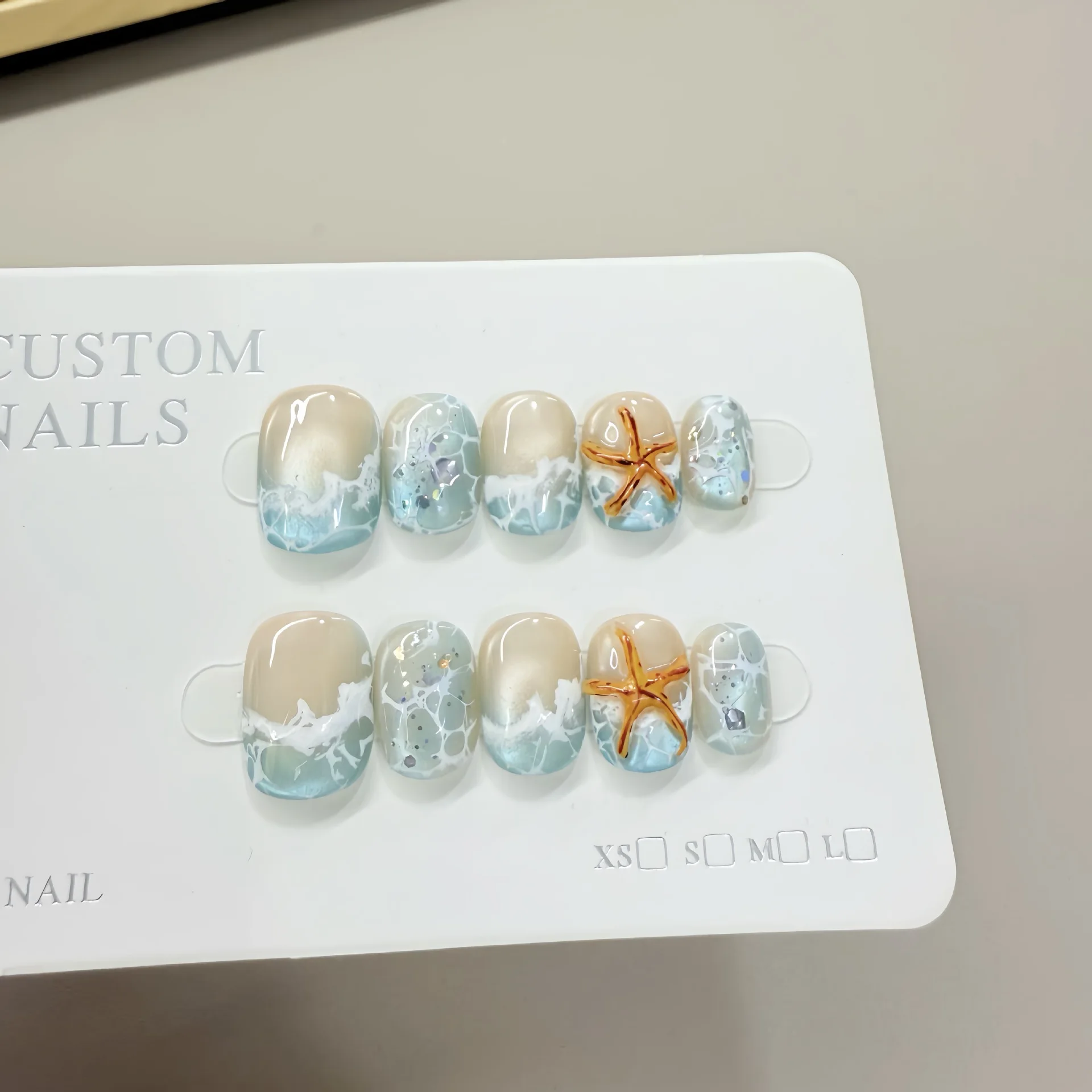 

10pcs Removable Starfish Tide Fake Nails-Bright Blue&White Ocean Series Design with Realistic Starfish&Coral Reef Patterns Nails