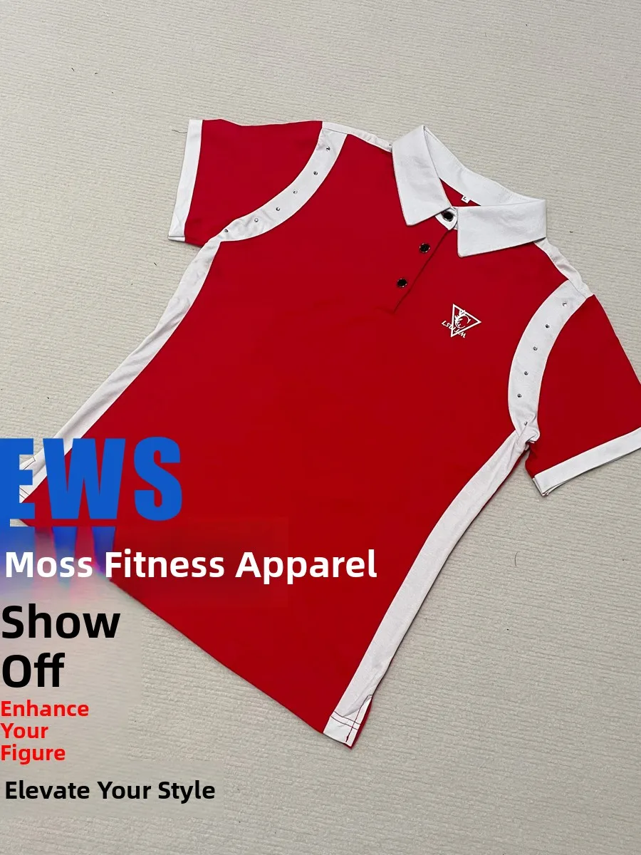 red-roman-cotton-short-sleeve-top-fitness-exercise-square-dance-sportswear-women's-slim-fit-performance-uniform-cotton-fabric
