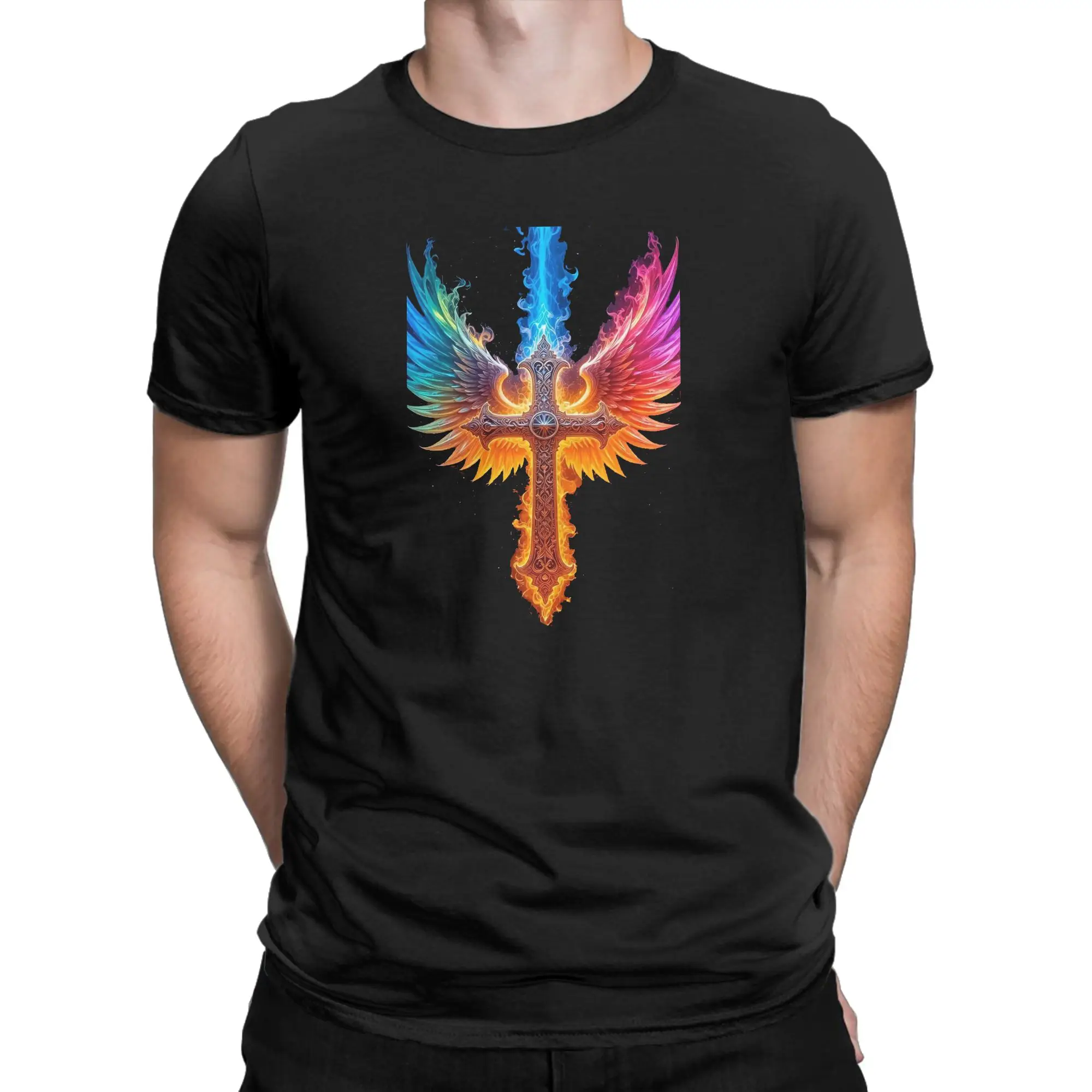 Faith Over Fear Fiery Eagle Wings Ornate Cross T Shirts Men's 100% Cotton T-Shirt O Neck Angel Wings Cross Christian Tee Shirt