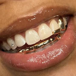 YOUNGX Hip Hop Glossy Two Teeth Grills Top Bottom Fangs 14K Gold Plated Tooth Caps For Women Men Jewelry Halloween Cosplay