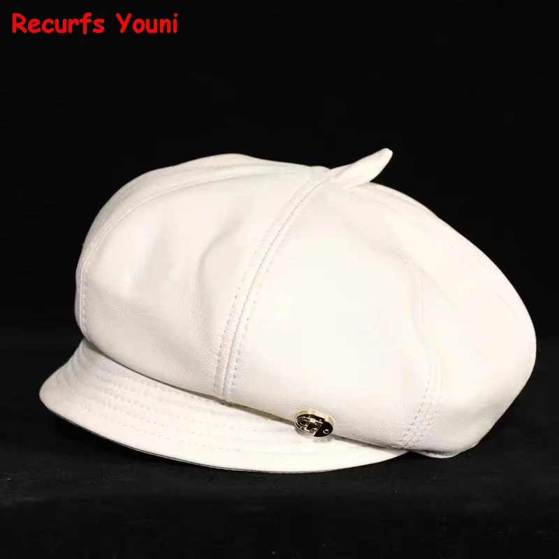 100% women leather Octagonal Hats Winter Female Genuine Sheepskin White Red Plaid Painter Caps Watermelon Boina Mujer Outdoor