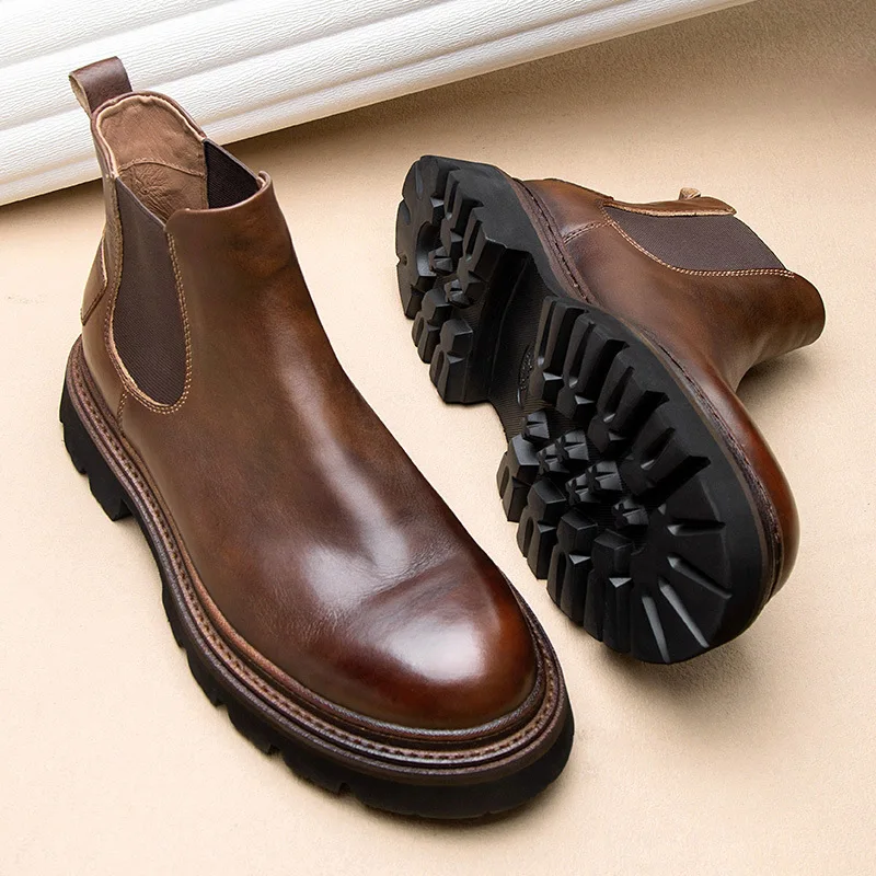 Men's Platform Chelsea Boots, Genuine Leather Mid-Calf Combat Boots, Chunky Sole Breathable Casual Shoes for Autumn Winter
