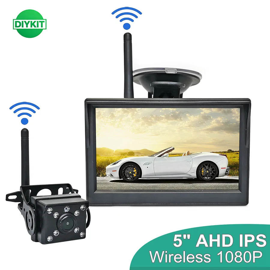 DIYKIT 1080P Wireless AHD IPS Car Monitor 5 Inch Rear View Reverse Camera Driving Kit with Stable Digital Signal for Auto Parkin