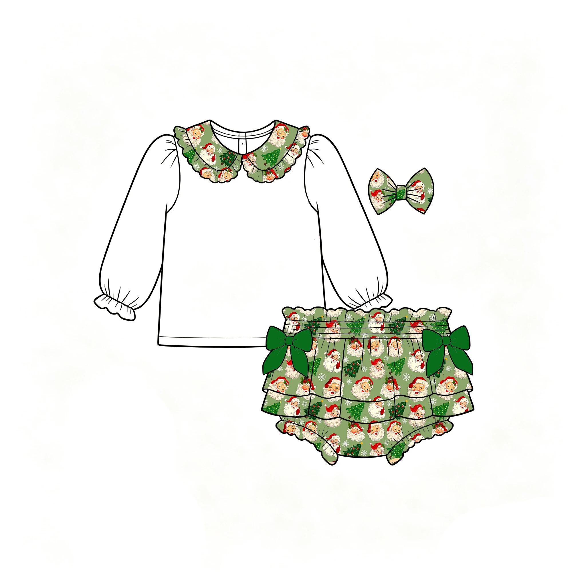 Christmas Boutique Kids Sets Lapel Ruffle Long Sleeve Top and Elastic-waist Shorts Bow Decoration Santa Print