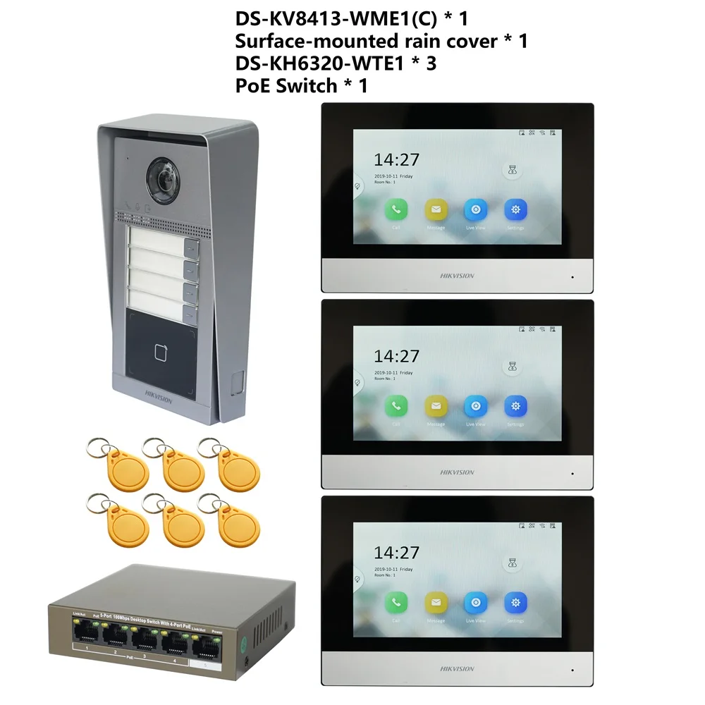 HIKVISION Original Multi-language 802.3af POE Video intercom KIT,include DS-KV8113-WME1(C) & DS-KH6320-WTE1 & PoE Switch