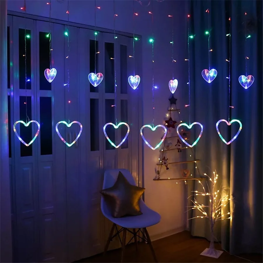 LED Romantic Heart Shaped Curtain String Lights 8 Modes Christmas Fairy Lights Garland for Home Garden Wedding Party Decoration