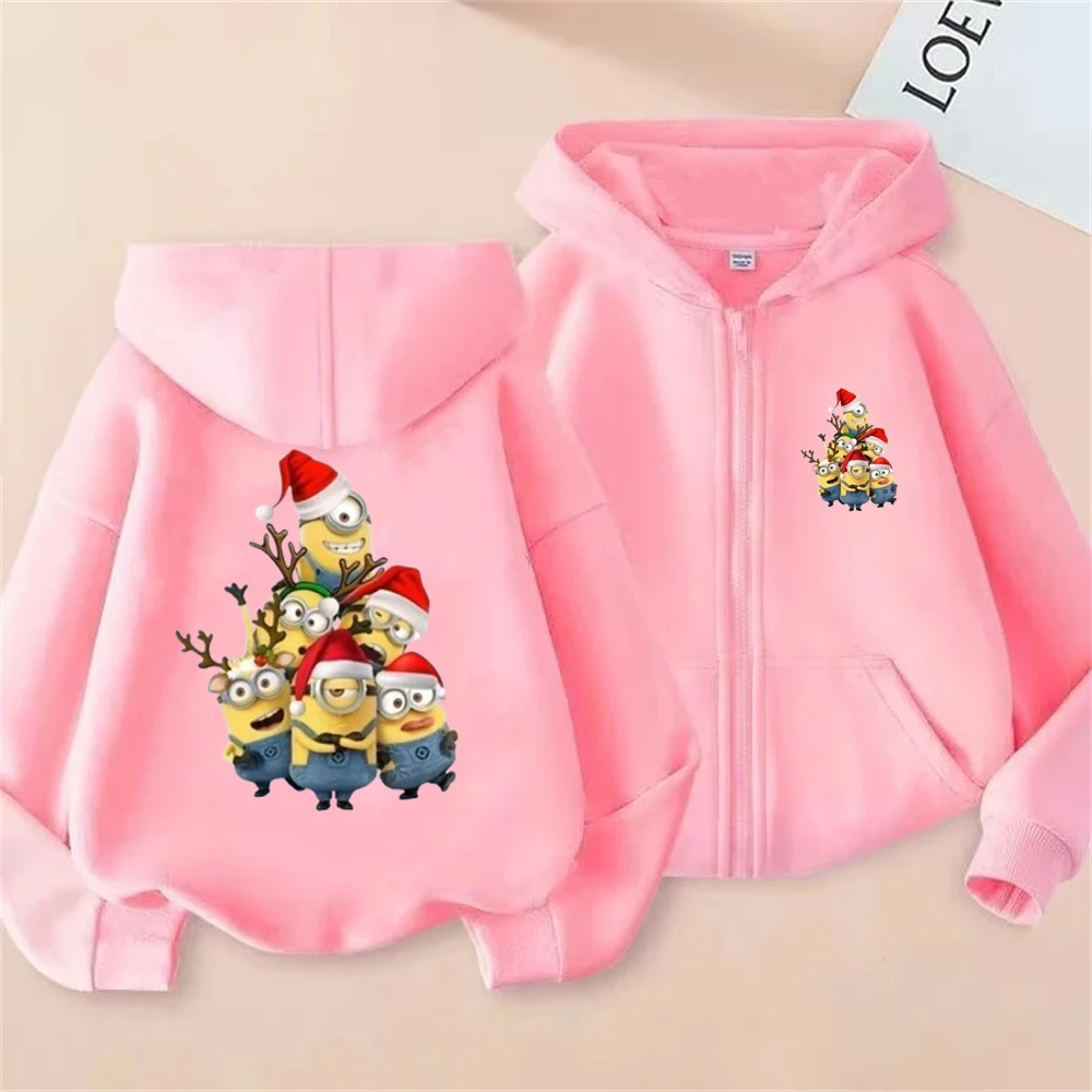 Christmas Santa Minions Hoodie Pink Children's Zipper Girls' Boy cardigan Coat Sweatshirt Kids Age 3-12 Toddler Leisure Top