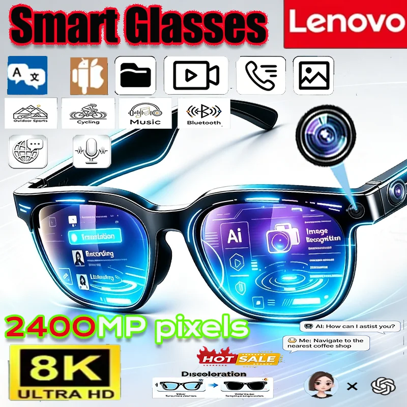 Lenovo 8K 2400W Upgrade Smart AI Glasses HD Shooting Camera Video Photo Voice Call Translation Bluetooth NEW Motorcycle Glasses