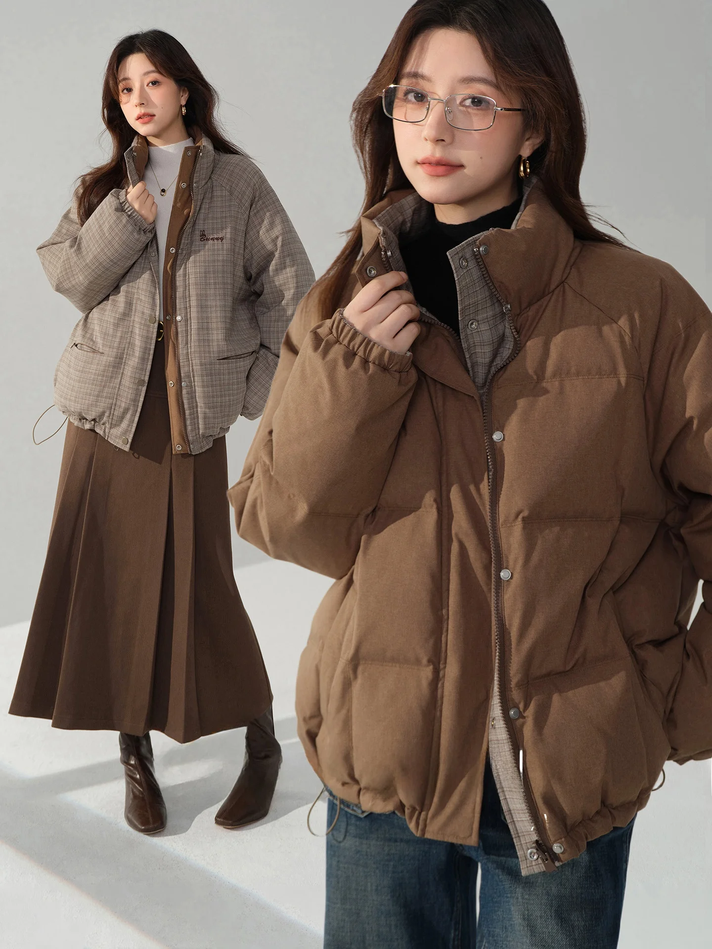 

bunny Double-Sided Wear 90 White Du down Plaid Puffer Jaet Women's ort Thi Warm Outerwear Casual Sle Winter Coat