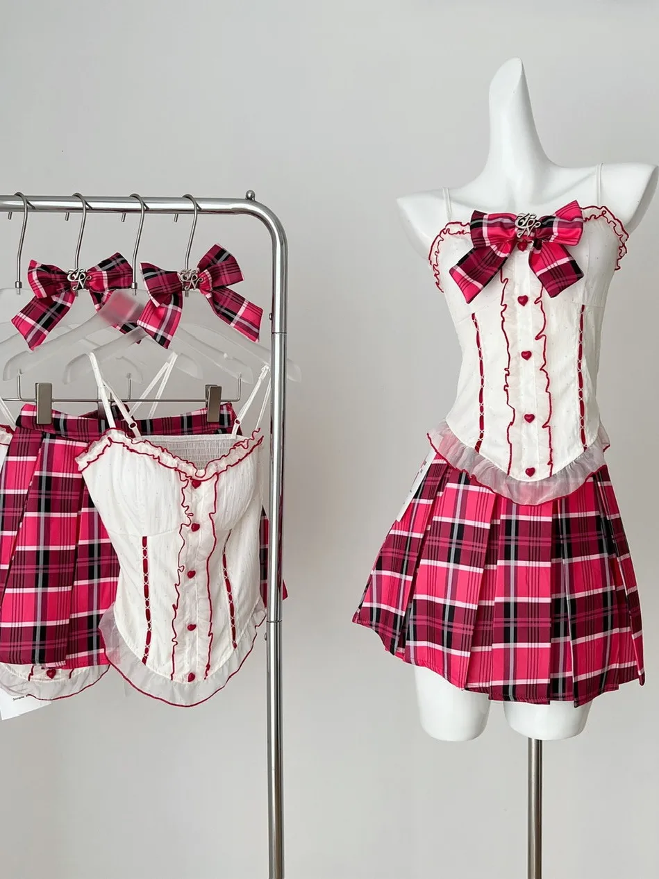 

Hot Girl Summer School Sle Set Women's ter Top Skirt Plaid Knot Waist Cinched Two-Piece Faion Ensemble