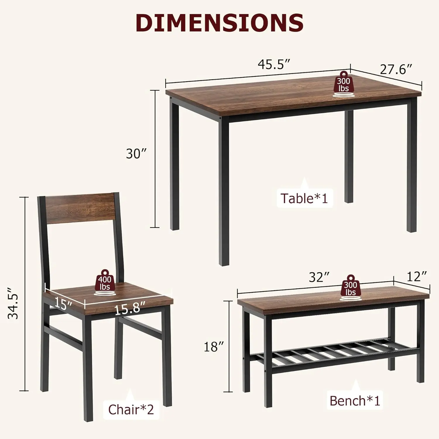 Dining Table Set for 4 Kitchen Table with 2 Chairs and a Bench 4-Person Dining Room Table Set with Storage Rack & Metal Frame