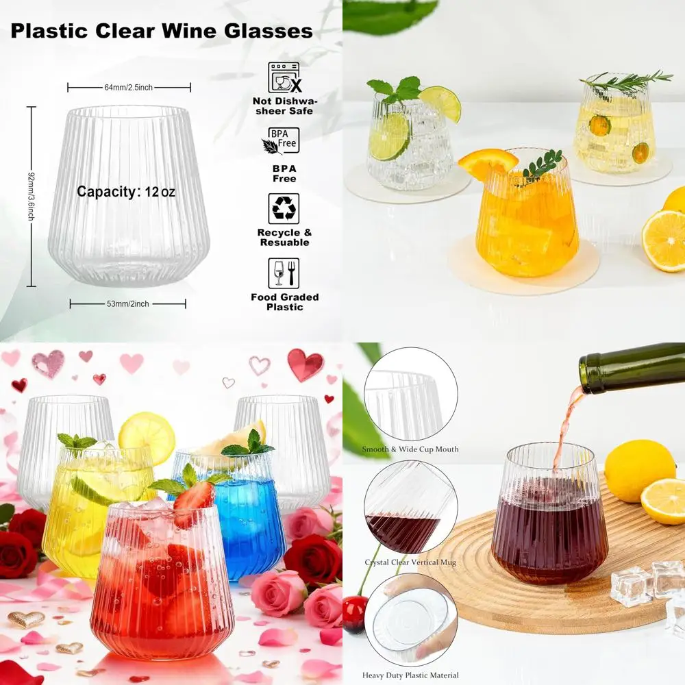 

Set of 36 12oz Clear Ribbed Plastic Wine Glasses - Perfect for Weddings, Parties, and Everyday Use
