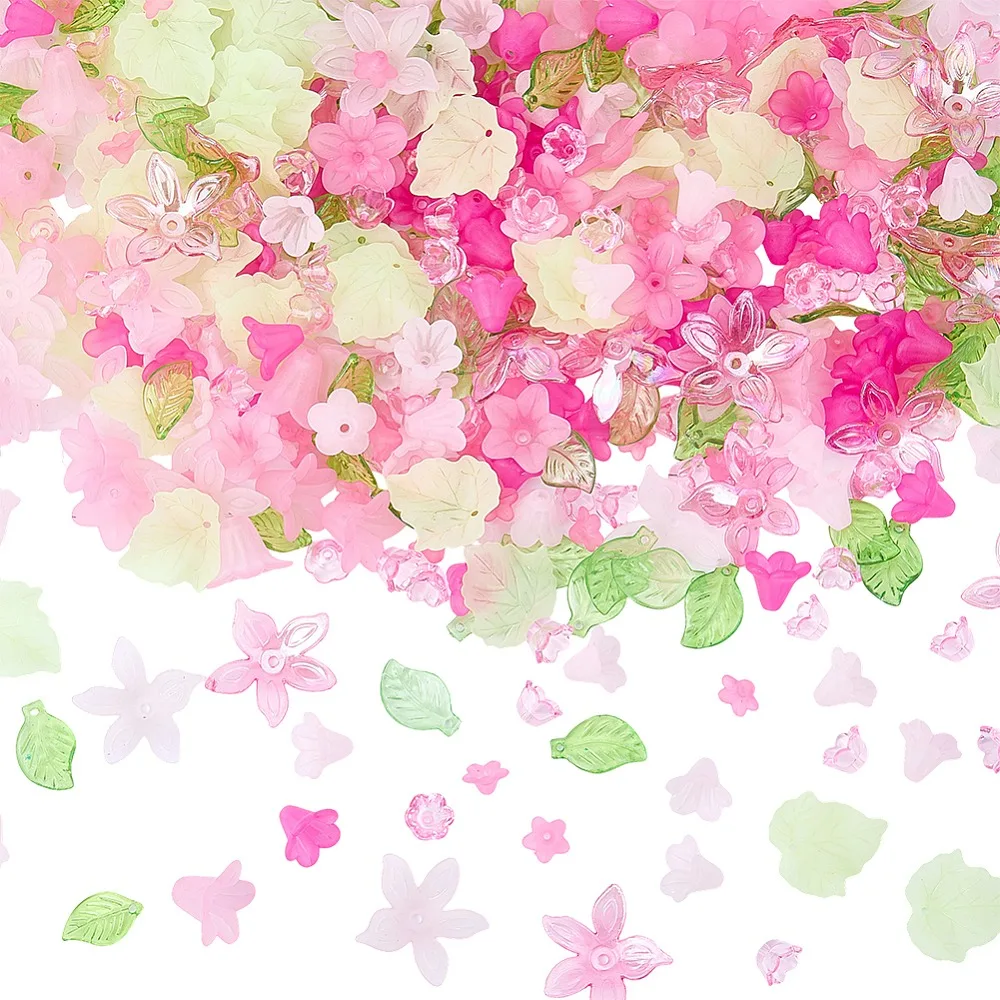 DIY Flower Leaf Findings Kits Including Acrylic Beads Pendants Acrylic Bead Caps Pink 26x27x6mm Hole: 1.8mm