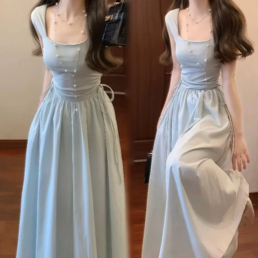 

【New style】2026 summer simple temperament dress New French waist waist slimming strap design square collar long dress