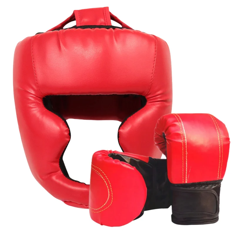 Adult PU Leather Boxing Helmet and Gloves Taekwondo Head gear muay Thai Headgear, Sanda Training Helmet Protective Equipment