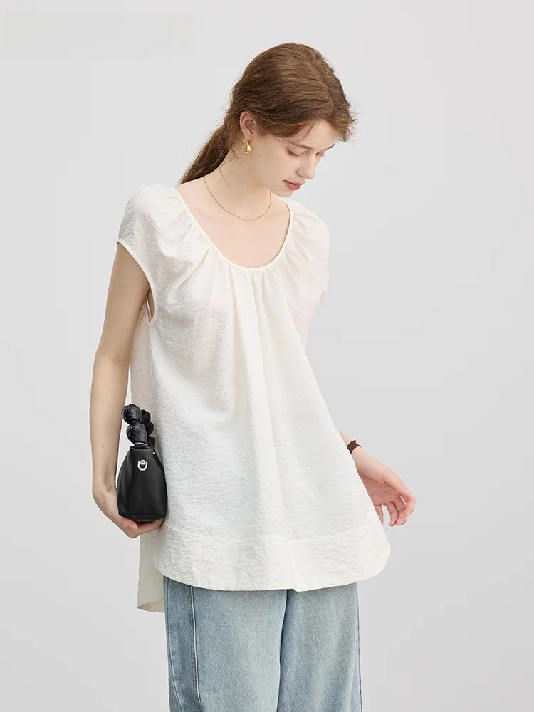 

Loose U-Neck Short Sleeve Women's Shirt Back Strap Design Sensation Doll Top Summer Fashion Silk Nylon Blend round Hemline