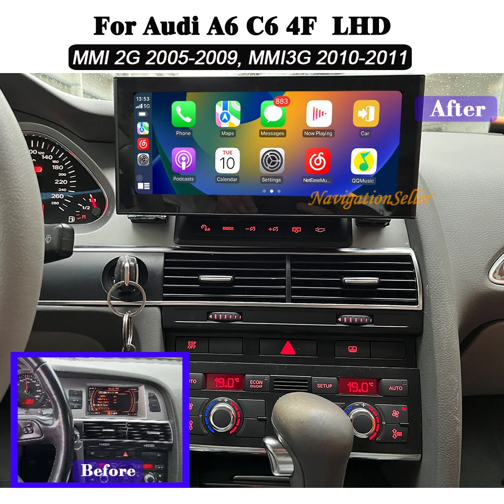 VIGOHI Car Radio Stereo For Audi A6 4F C6 MMI 2G 3G 12.3inch Touch Screen Upgrade CarPlay Android Auto Gps Navigation Autoradio