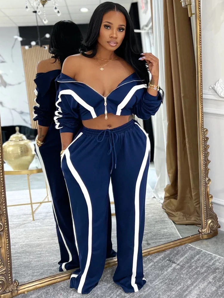 

Sister Star Suit Fashion Striped Patchwork Color-Block Zipper Lapel Top Wide-Leg Pants Sports Elegant Commuter Two-Piece Outfit