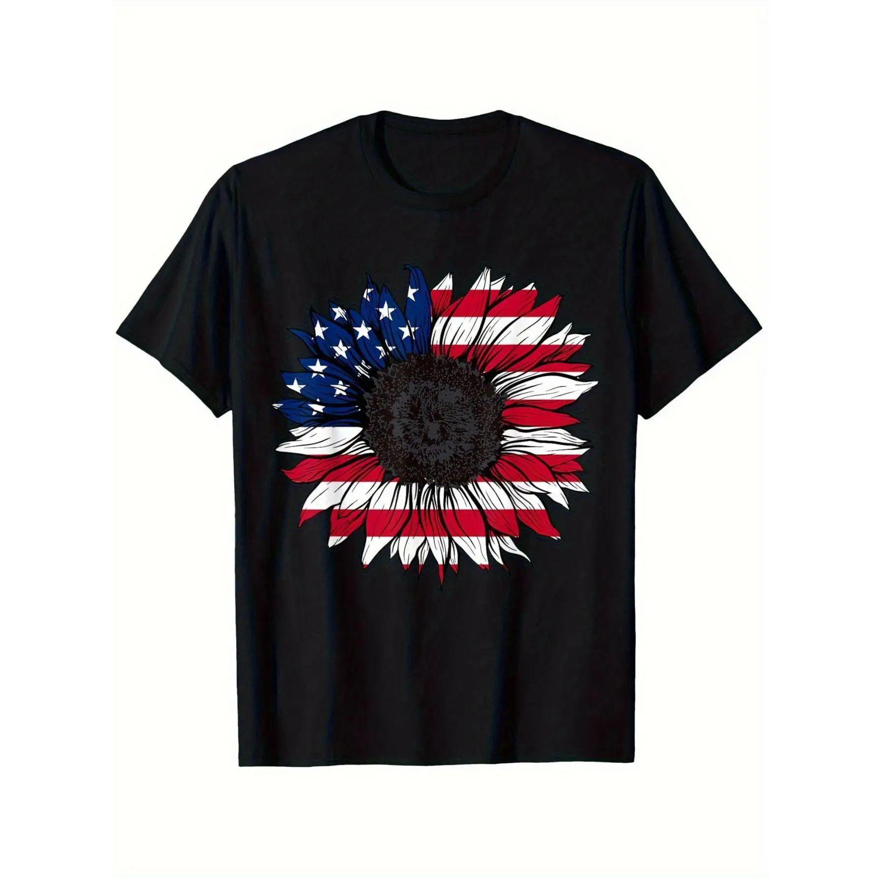 

American Flag Sunflower T-Shirt Patriotic Floral Print Tee Unisex Cotton Short Sleeve Top 4th of July Celebration Gift