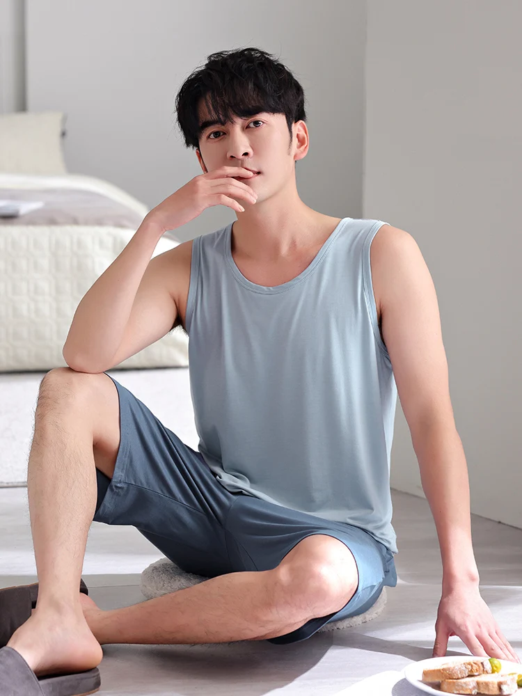 men's-summer-sleepwear-ice-silk-modal-thin-short-sleeveless-vest-shorts-home-clothes-set-large-size-round-neck-two-piece-suit