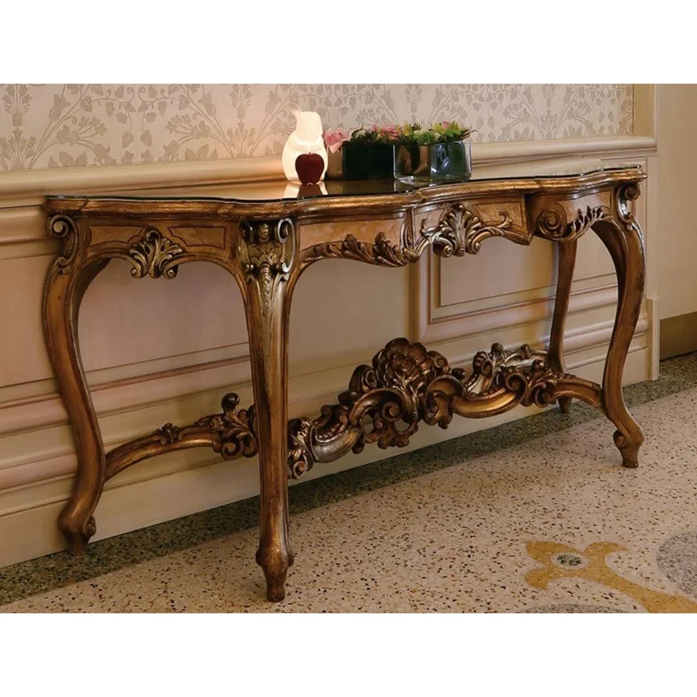 Classical Distress Living Furniture Set Antique Gold Leaf Console Table  Aged Solid Wood Dresser Table With Mirror