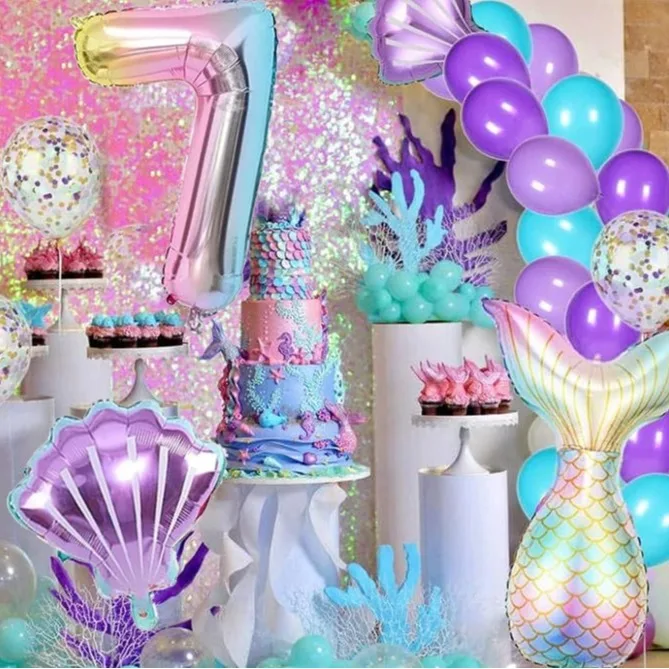 6-teiliges Meerjungfrauenschwanz-Kugel-Set aus digitaler Folienballon, Meerjungfrau, Ozean, Märchen, Meer, Thema, Mädchen, Geburtstag, Party, Nummer 0–9, Dekoration – Detail 6