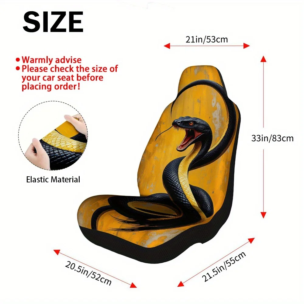2pcs, Venomous Snake Print Canvas Car Seat Cover Set For Universal Fit, Stylish Vehicle Seat For Men And Women, Soft, Washable,