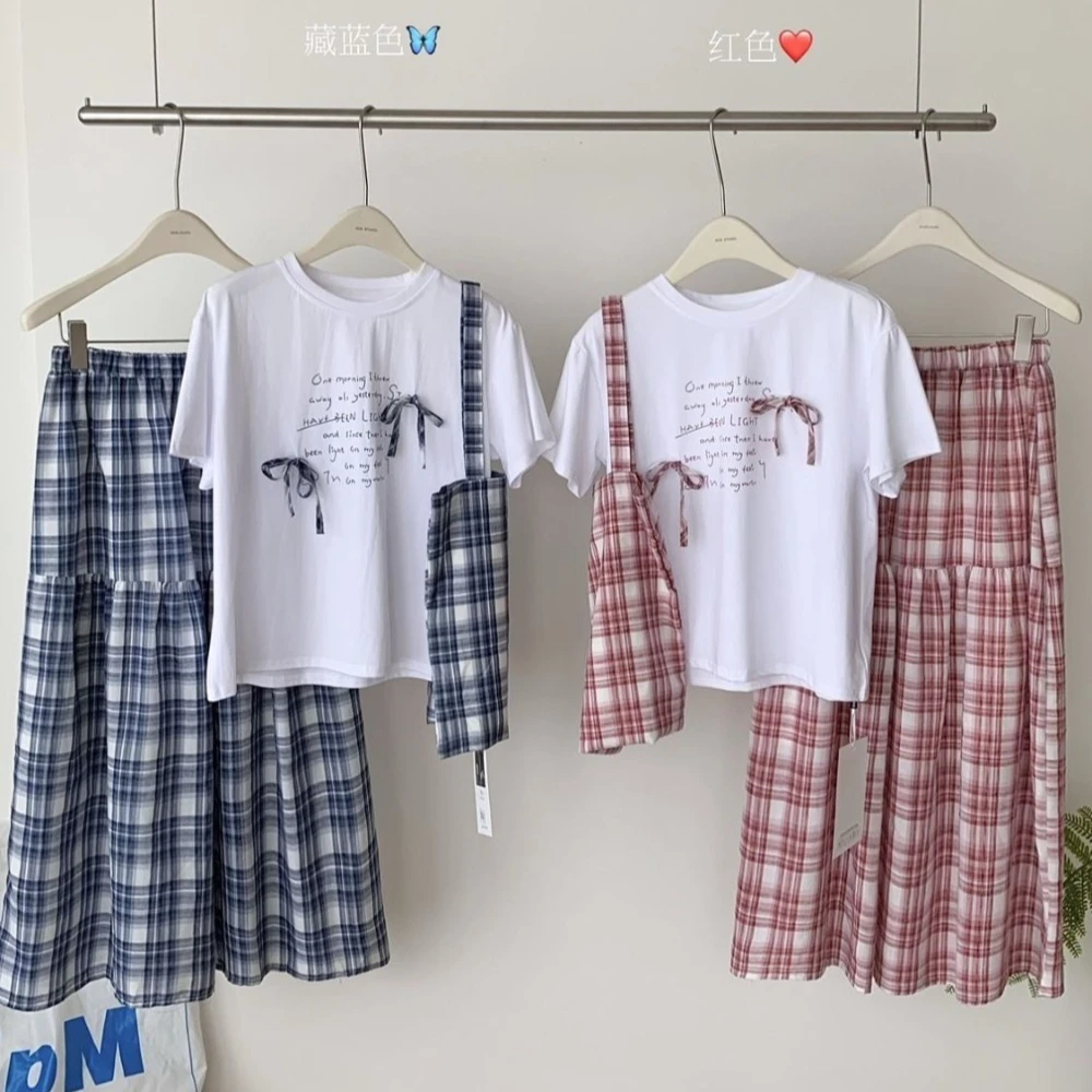 Korean simple small fresh bow plaid set loose versatile short-sleeved T-shirt + plaid skirt with bag