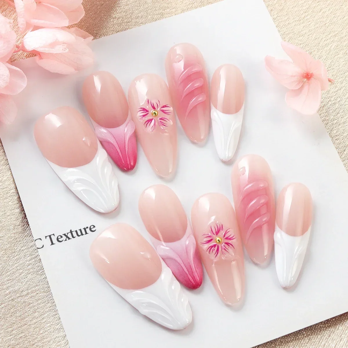 

10pcs Almond Shaped Press-On Nails Elegant French Style with Flower Pattern Includes Jelly Glue&Nail File for Women's Daily Wear