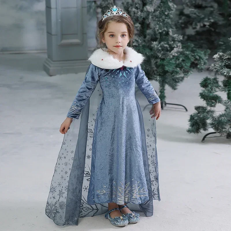 2024 Frozen Elsa Princess Dress Girl Cosplay Costume Birthday Carnival Party Snow Queen Long Sleeve Winter Clothes Kids Outfits