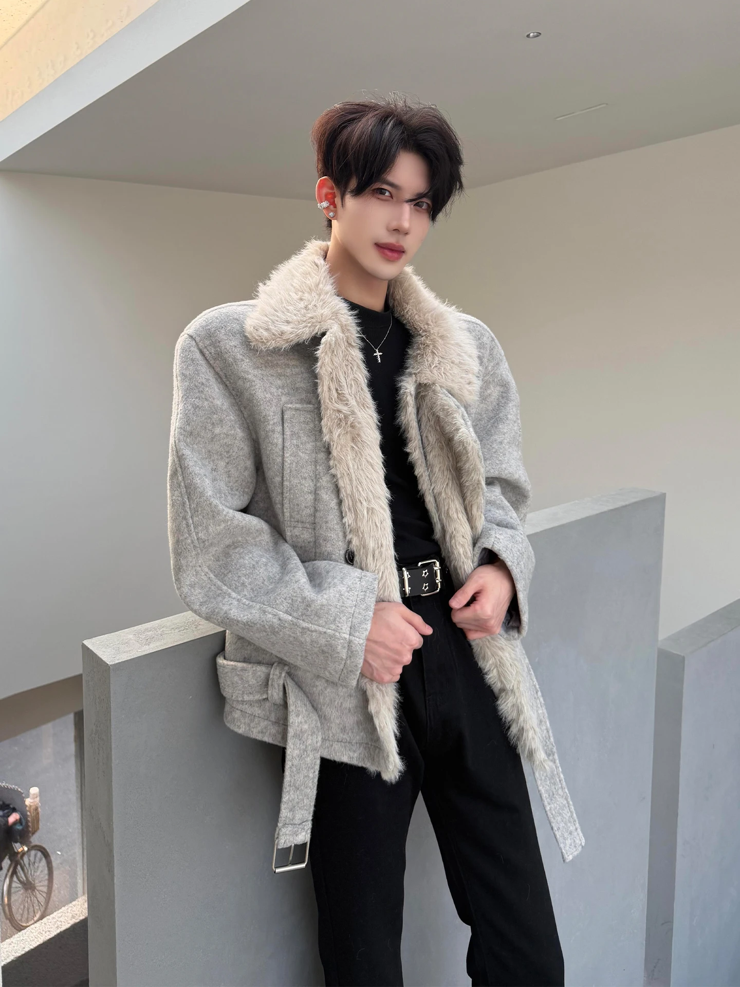 

Thiened Woolen Cotton Jaet Men's Winter Coat with Fur Collar Warm Casual Sle Long Sve Pure Color for Teenagers