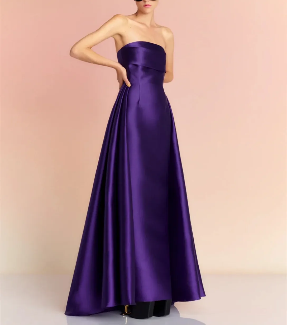 

Customized Classic Long Purple Strapless Evening Dresses Straight Sleeveless Pleated Floor-LengthProm Dresses for Women Special