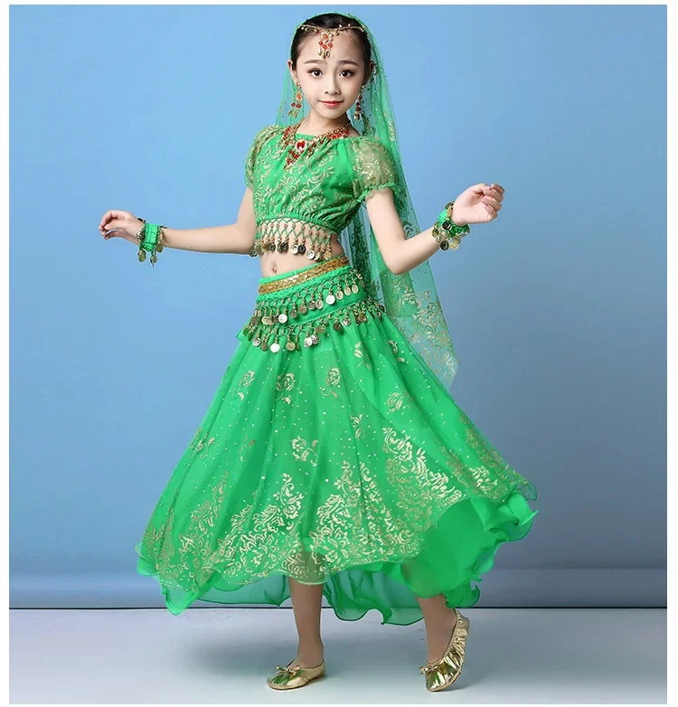 4 pçs/set novas crianças conjunto de traje de dança do ventre oriental indiano trajes de dança do ventre vestido roupas indianas para meninas