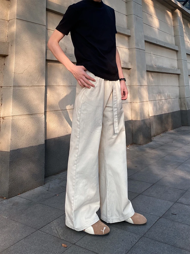 

Retro American High Street Workwear Denim Pants Adjustable Waist Belt Men's Wide Leg Straight Leg Trousers Trendy Unisex
