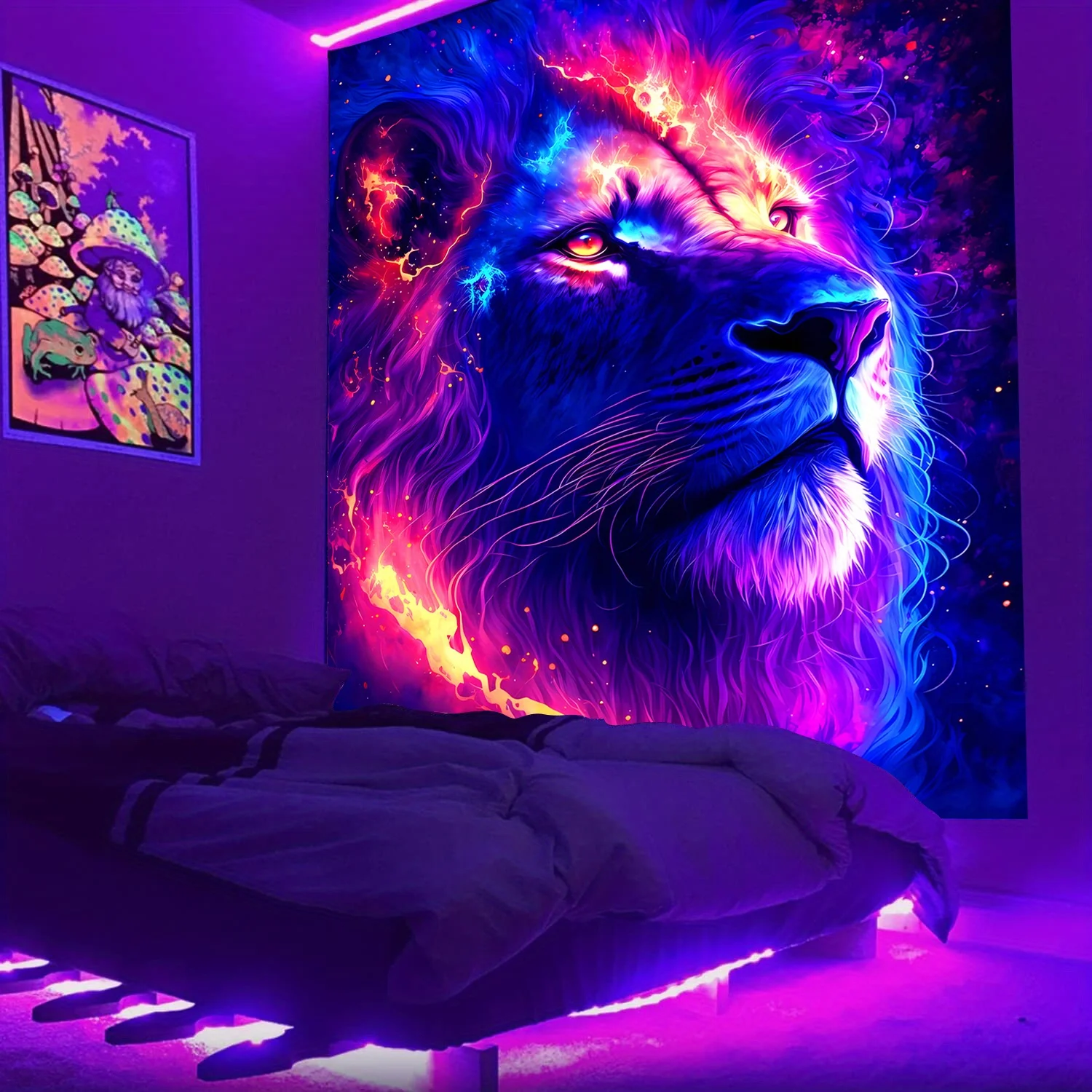VIKAMA Neon-Löwe-Wandteppich, künstlerisches Muster, Wohnzimmer-Dekoration, Cyberpunk-Atmosphäre, Raumakzent, Heimdekoration