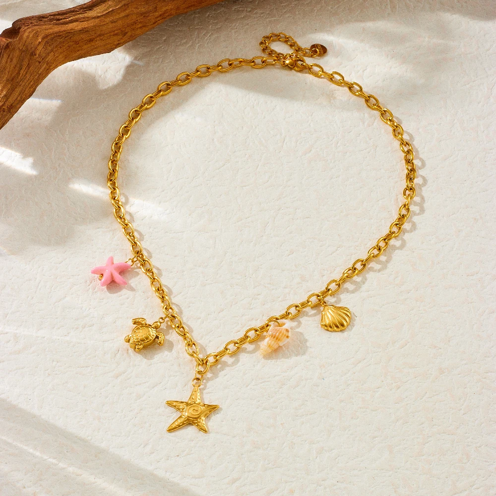 DIEYURO 316L Stainless Steel Marine Style Conch Golden Sea Star Pendant Necklace Girl New Fashion Trend Neck Jewelry Gift Joyas