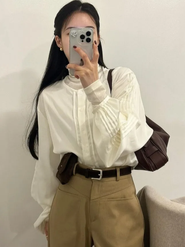 

Французская женская свободная блузка с круглым вырезом и одной пуговицей, с защитой от солнца, модный топ для ранней весны, элегантный дизайн