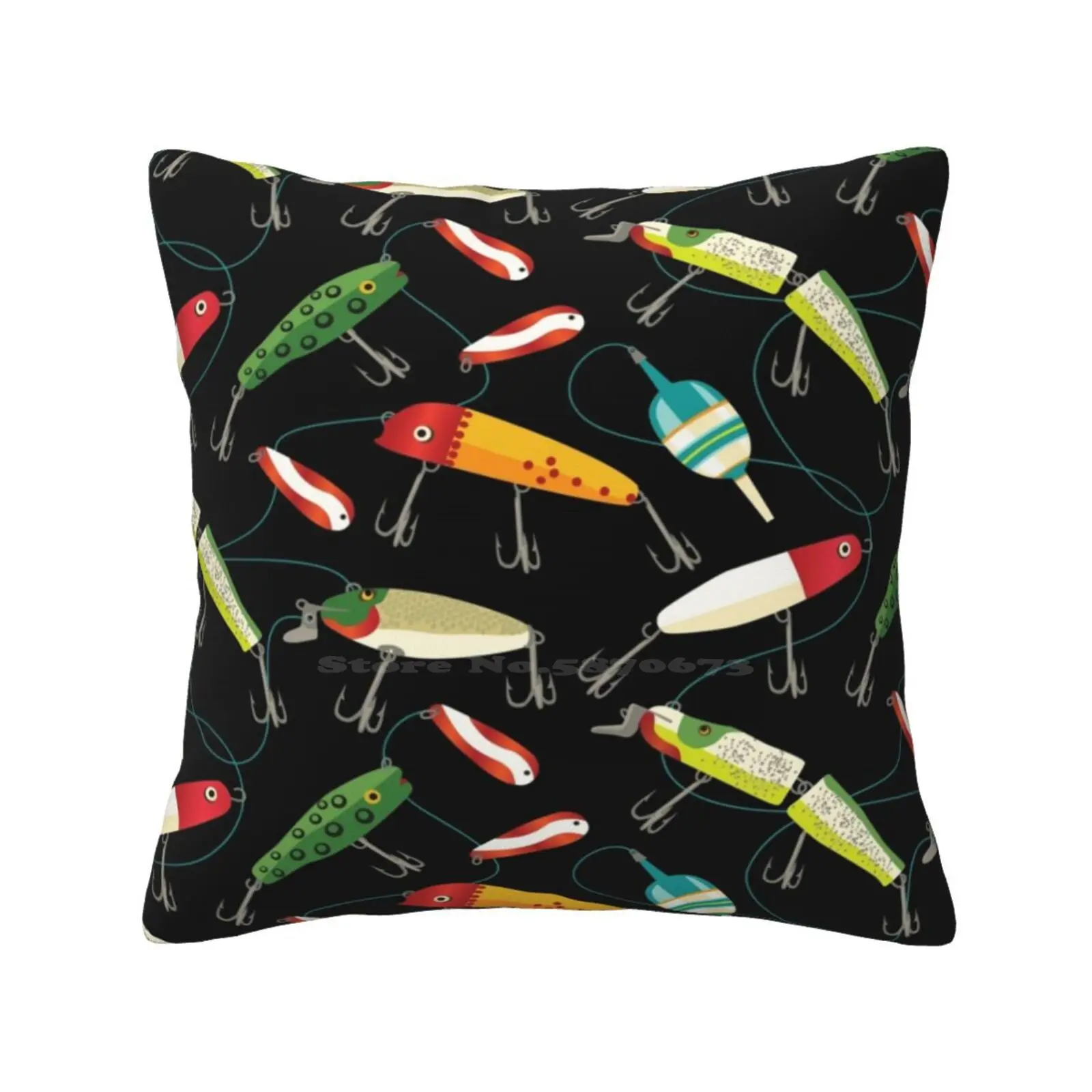 Plenty Of Fishing Lures Throw Cushion Pillow Cover Fishing Lures Hooks Lines Sinkers Vintage Style Retro