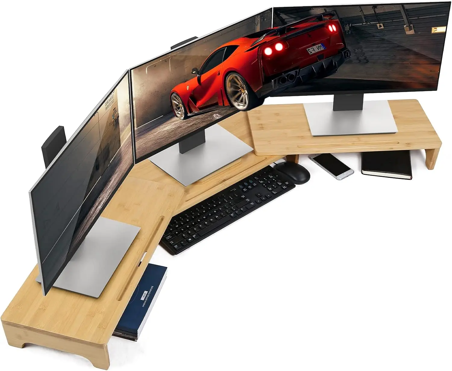 60 Inch Bamboo Dual Monitor Stand, 3 Shelves Desktop Riser with Adjustable Length & Angle for Computer Laptop