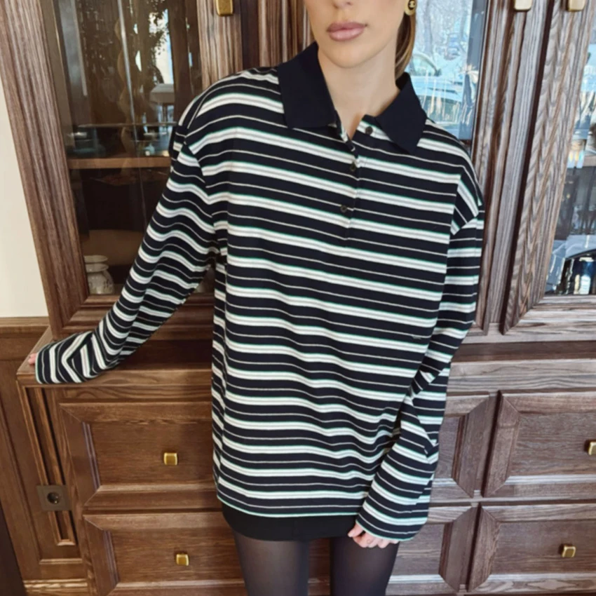 

Linad Street Chic Полосатые футболки с длинными рукавами Осенние повседневные вязаные футболки с длинными рукавами 2025 Офисные свободные топы с лацканами Женские 2025