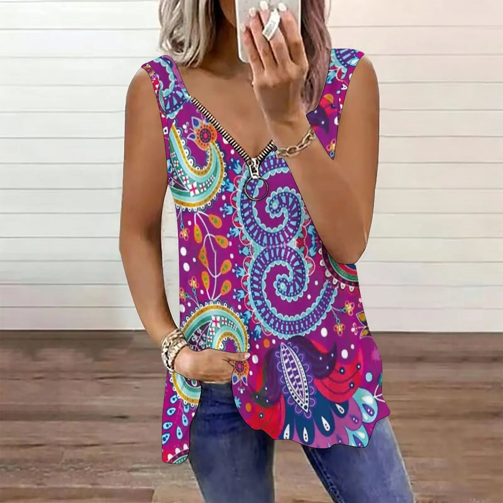 Women Print Tank Top Zip V Neck Sleeveless Tunic Shirt Irregular Hem Casual Summer Vest