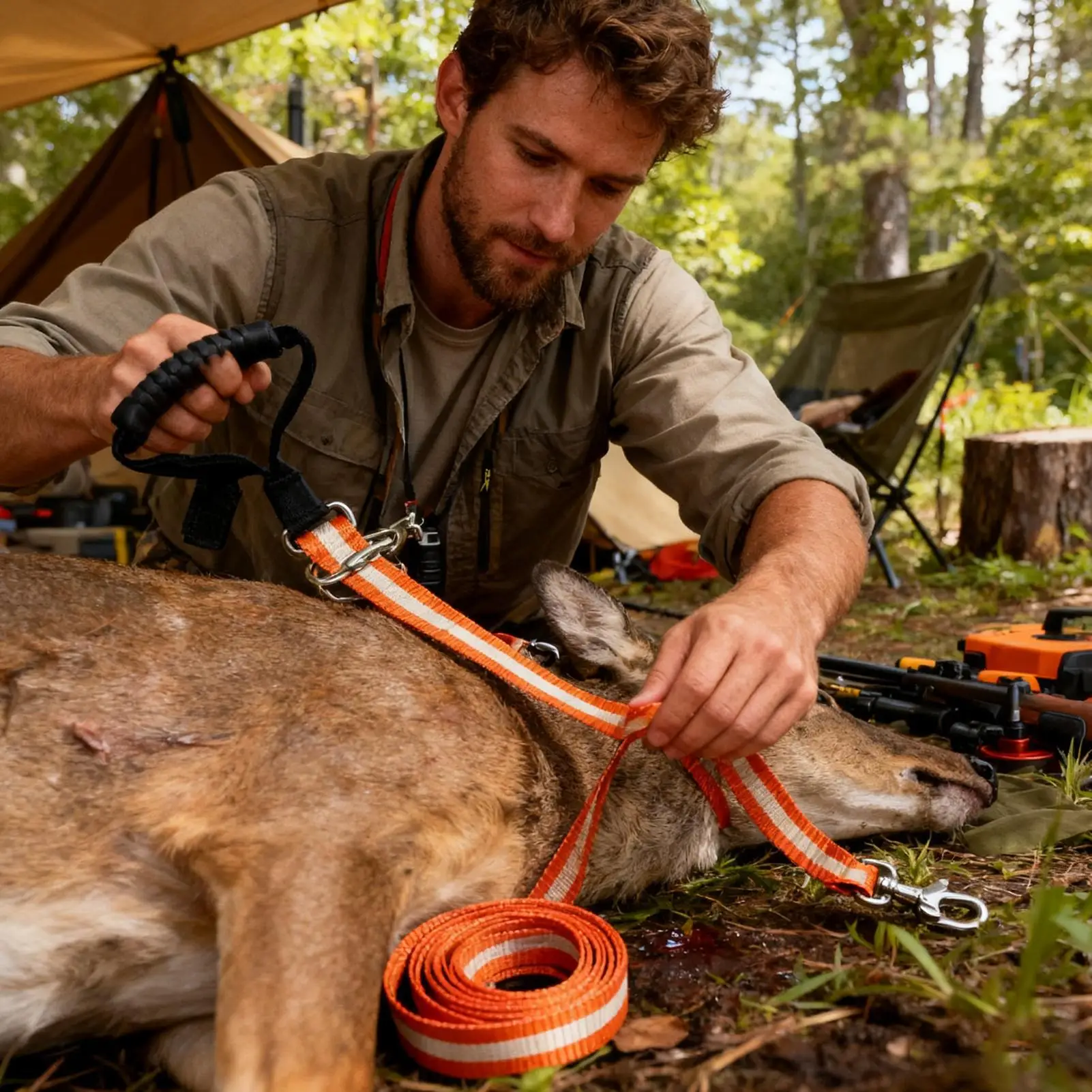 

Deer Drag Harness Orange Safety Hunting Gear Reflective Pulling Strap Game Retrieval System for Outdoor Field Forests Hunting
