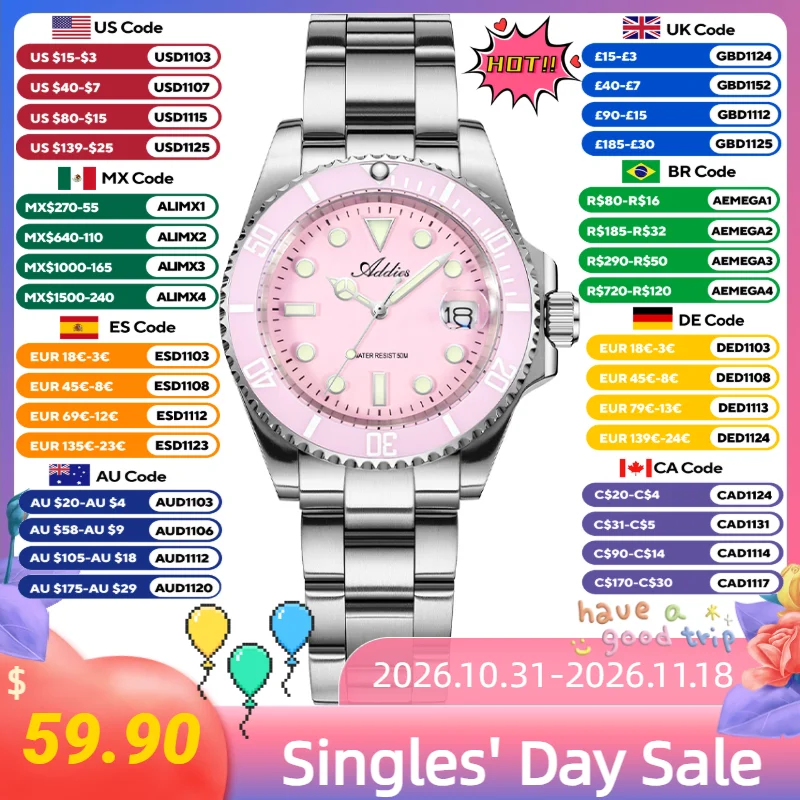 Addies C3/BGW9 Super Luminous Push Button Hidden Clasp Dress Watch for Women Elegant Minimalist Luxury Women's Quartz Wristwatch