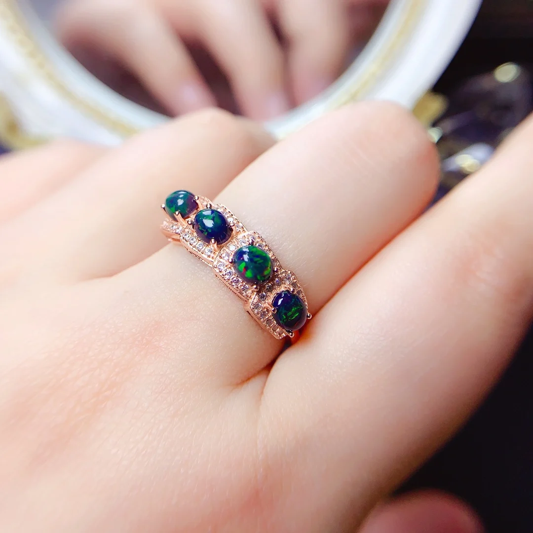 

Natural Black Opal Ring, 925 Silver Certified, 4x5mm Burst Flash Gemstone, Girl's holiday Gift, Free product shipping