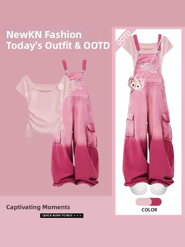 Dopne Anti-Aging Faion Set Waist-Cut ort-Sve T-irt adient Slimming Denim Overalls Summer Two-Piece Suit