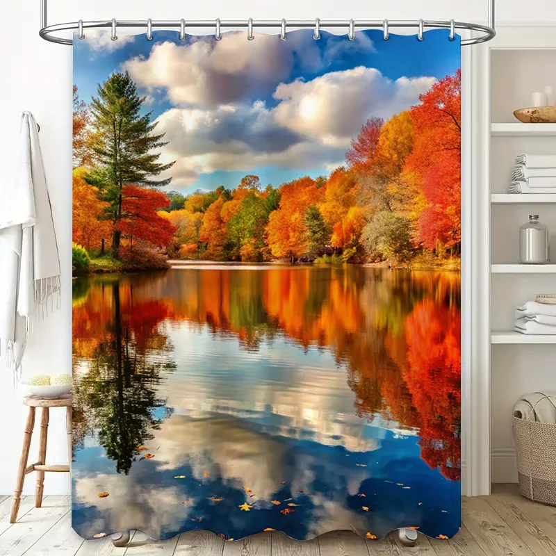 High-Quality Autumn Scenery Shower Curtain Reflecting Leaf Colors in Waterfall Design Waterproof Bath Decor for Home Decoration