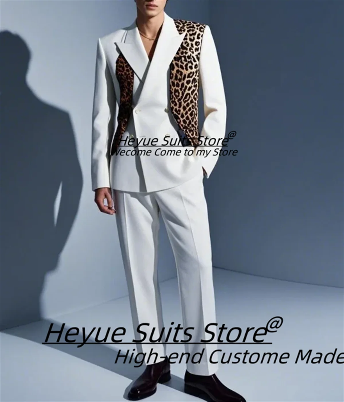 

Fashion White Men Suits Casual leopard print Double Breasted Man Prom Tuxedos 2Pieces Sets Male Party Blazers trajes para hombre