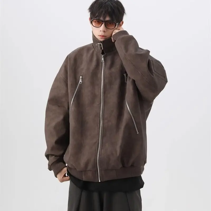 

Retro American PU Leather Jaet Motorcycle Sle Loose Fit Stand Collar Zipper Closure Long Sve Casual Spring Outerwear