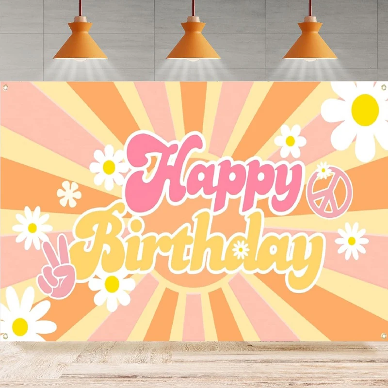 Photography Backdrop Groovy Banner Retro Hippie Boho Girl Happy Birthday Daisy Flower Background Home Party Backdrop Wall Banner